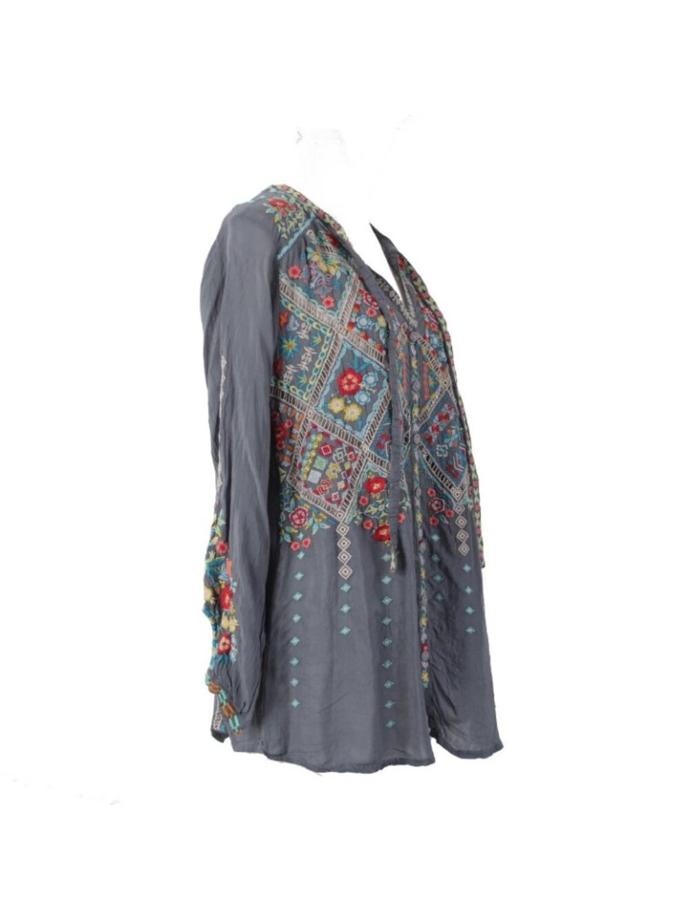 Johnny Was Top Sz S Gray Red Multi Colored Embroidered 100% Poly Top - Picture 4 of 12